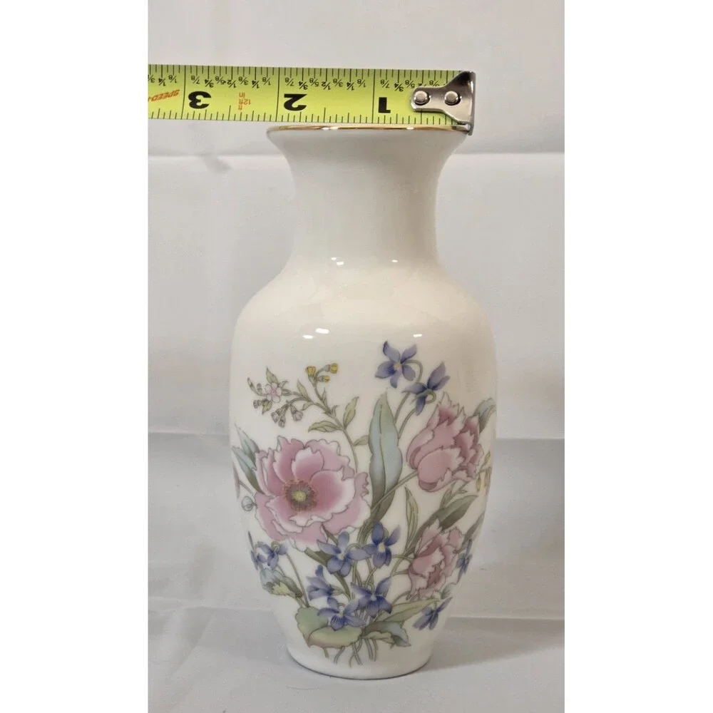 Vintage Japanese Fine‎ China Floral Vases Pair Gold Trim Mid Century Japan